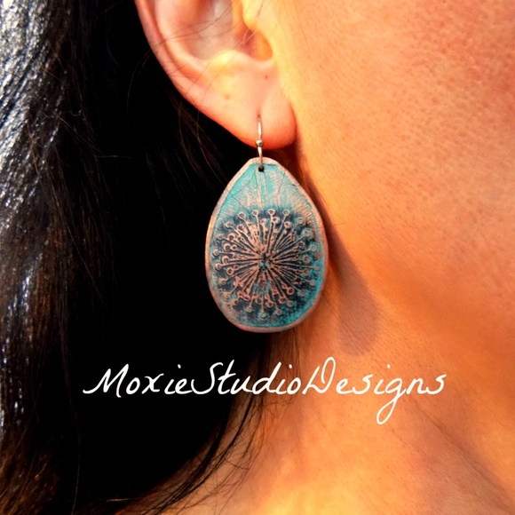 Rustic Turquoise Blue Dandelion Earrings, Copper - Picture 4 of 5